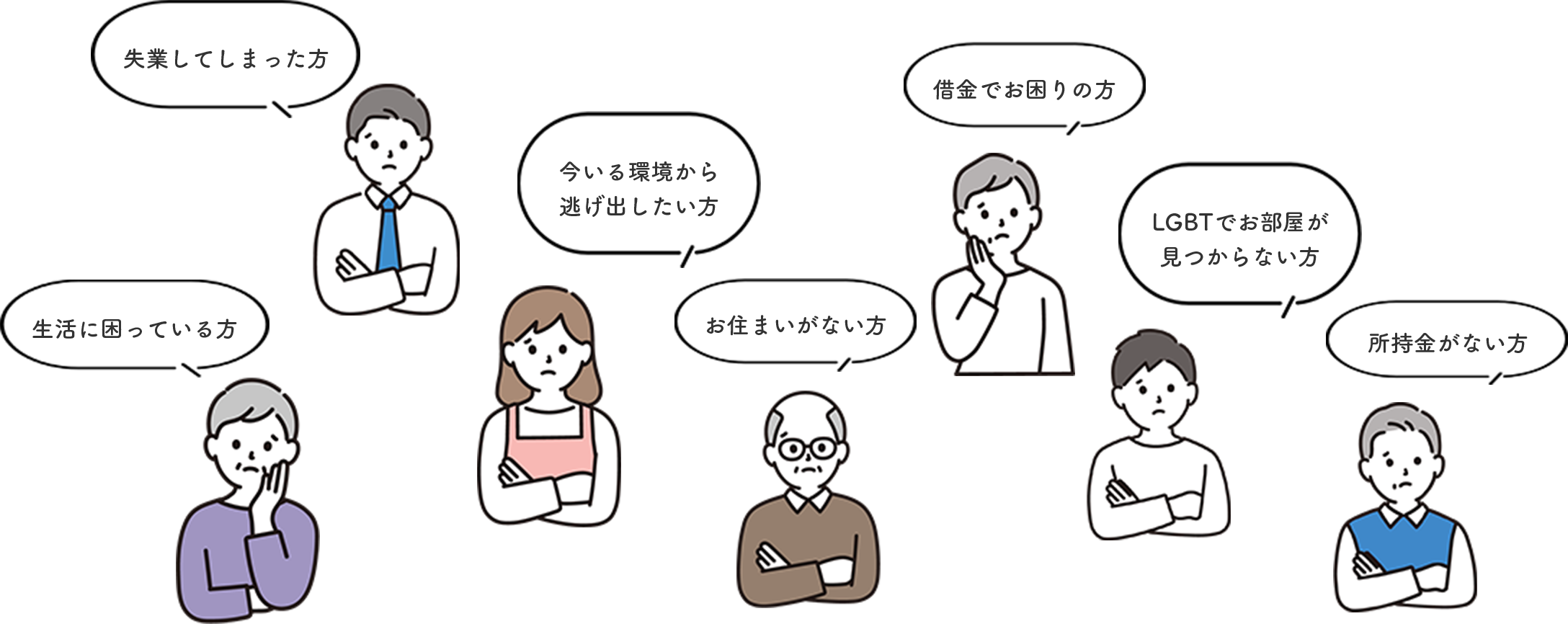 生活に困っている方/失業してしまった方/今いる場所から逃げ出したい方/借金でお困りの方/お住まいがない方/所持金がない方/LGBTでお部屋が見つからない方